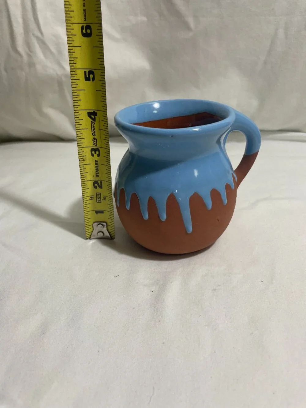 Blue Drip Glaze Pottery Creamer Pitcher Small Rustic Terracotta Milk Jug